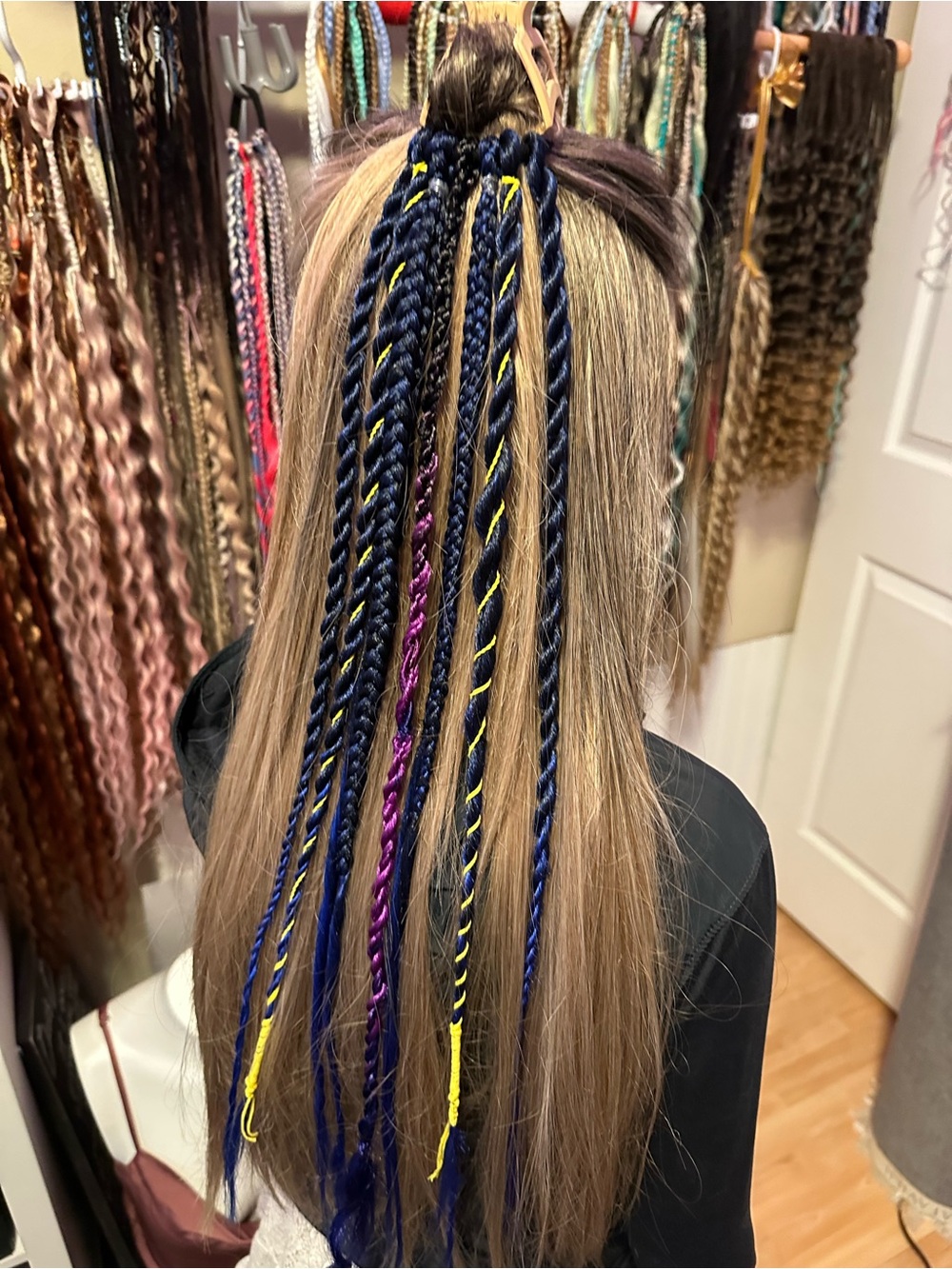 Navy Blue Braided Hair Extensions with Purple & Yellow Accents